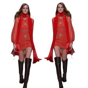 H&M Autumn Collection 2013 Red Sequin Bead Sheer Chiffon High Low Dress Coverup
